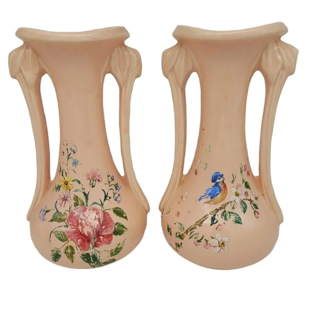 Vintage McCoy Pair Art Deco Vases 1940's Salmon Color READ Full DESCRIPTION